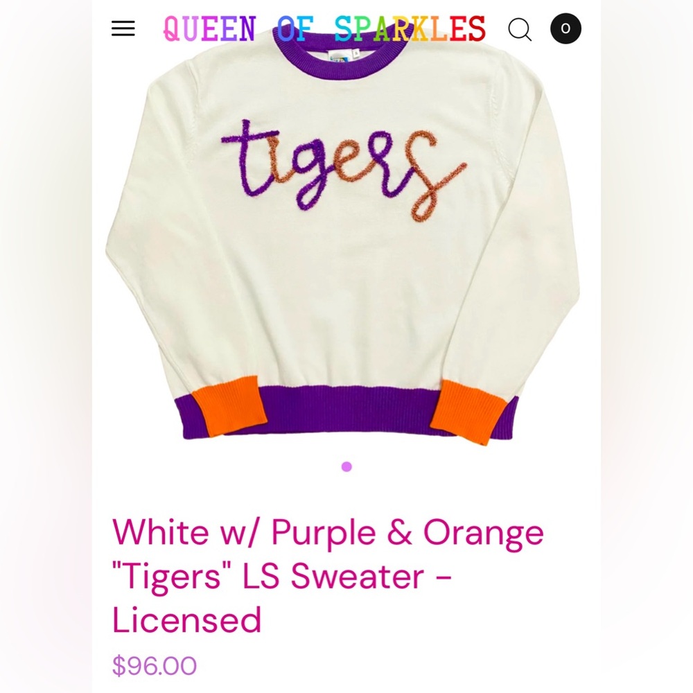 Queen of Sparkles - White w/ Purple & Orange "Tigers" Licensed Sweater - Medium